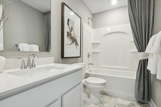 1951 Fulton Rd, Carver, MN 55315 - bathroom with shower / bath combination with curtain, vanity, toilet, recessed lighting, and marble finish flooring