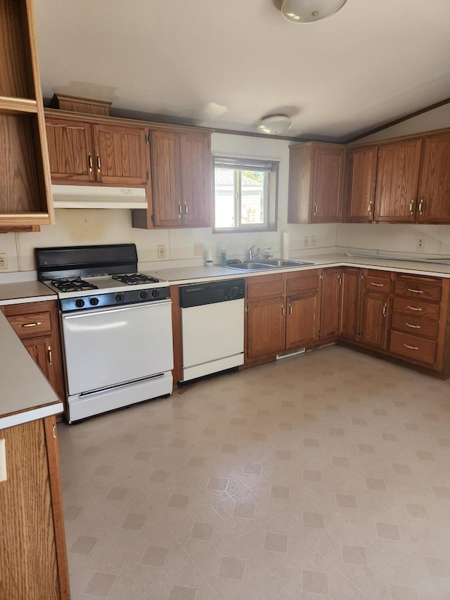 102 Jaybee Ln, Mankato, MN 56001 - kitchen with white appliances, under cabinet range hood, a sink, light countertops, and lofted ceiling