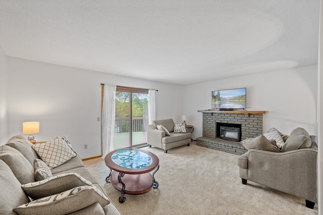 living room with carpet flooring and a fireplace