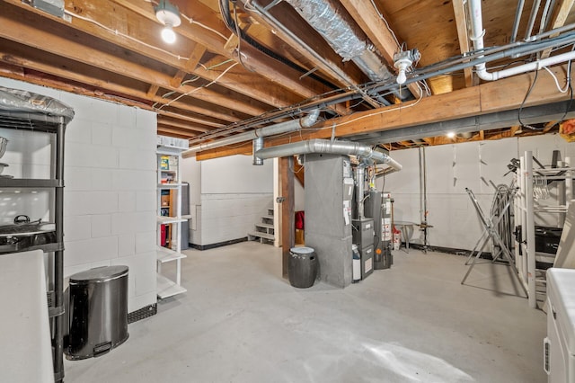 unfinished below grade area with water heater, stairs, heating unit, and concrete block wall
