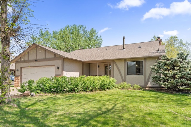 ranch-style home featuring stucco siding, an attached garage, a front lawn, and a chimney