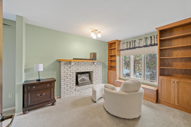 living room featuring light colored carpet, a brick fireplace, and baseboards