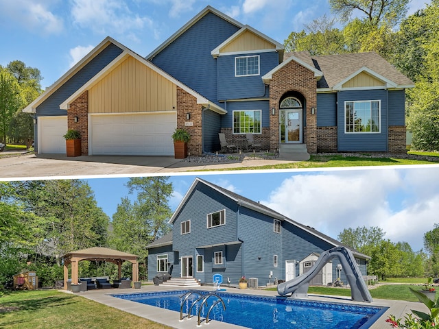 1502 9th St N, Sartell, MN 56377 - swimming pool featuring a gazebo, a water slide, entry steps, outdoor lounge area, and a lawn