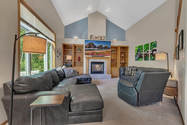 1502 9th St N, Sartell, MN 56377 - living area featuring high vaulted ceiling, carpet, and a brick fireplace