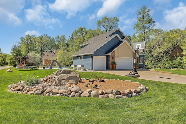 1502 9th St N, Sartell, MN 56377 - view of front of house with driveway, a garage, a front lawn, brick siding, and roof with shingles