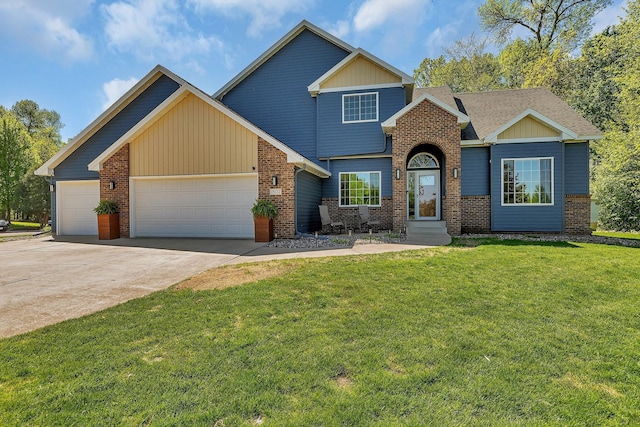 1502 9th St N, Sartell, MN 56377 - view of front facade featuring an attached garage, brick siding, and a front yard