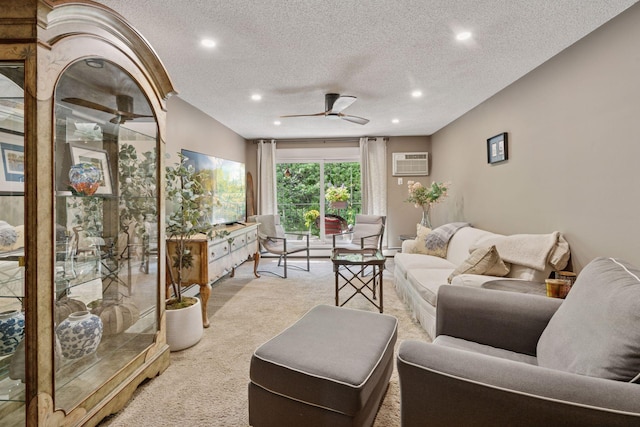 215 Barry Ave S Unit 306, Wayzata, MN 55391 - living room with light carpet, a textured ceiling, a wall unit AC, ceiling fan, and recessed lighting
