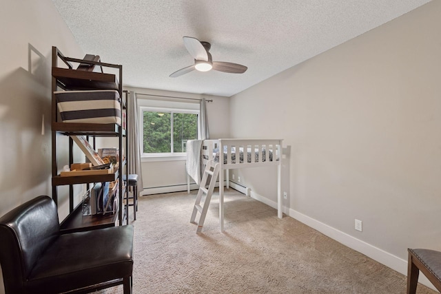 215 Barry Ave S Unit 306, Wayzata, MN 55391 - carpeted bedroom featuring a textured ceiling, baseboards, a ceiling fan, and a baseboard heating unit