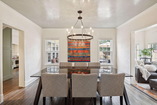 dining area featuring a chandelier, healthy amount of natural light, wood finished floors, and crown molding