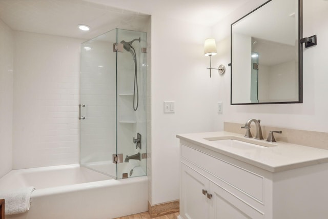 full bathroom with vanity, bathtub / shower combination, and recessed lighting