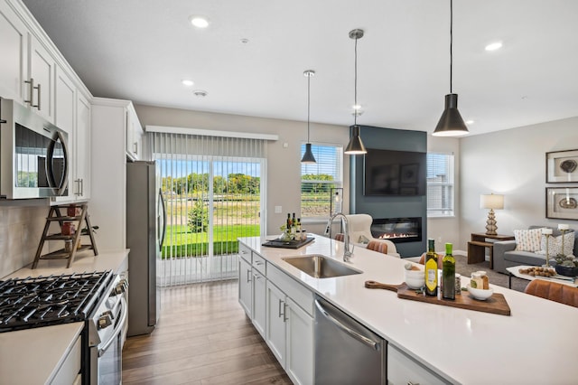 20059 62nd Pl, Corcoran, MN 55340 - kitchen with a sink, stainless steel appliances, open floor plan, wood finished floors, and light countertops