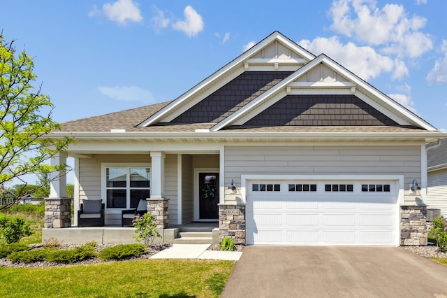 8014 Walnut Ln, Corcoran, MN 55340 - craftsman inspired home featuring a porch, concrete driveway, stone siding, a shingled roof, and board and batten siding