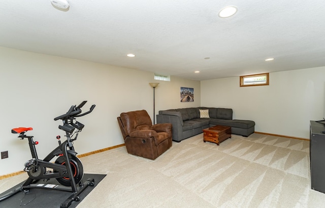 living room featuring light carpet, recessed lighting, and baseboards
