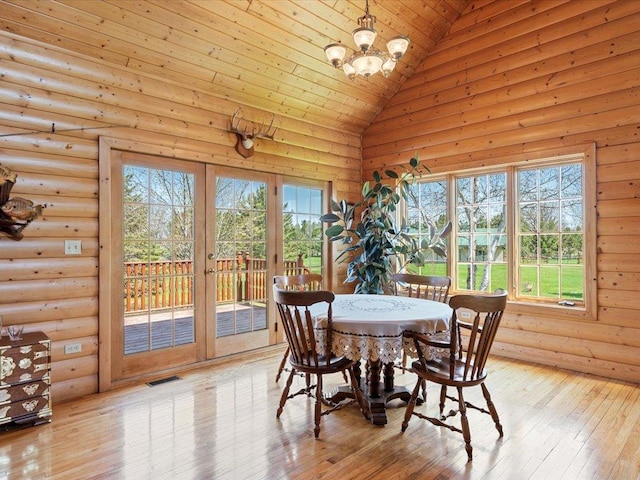 dining area with a chandelier, wood ceiling, plenty of natural light, high vaulted ceiling, and wood-type flooring