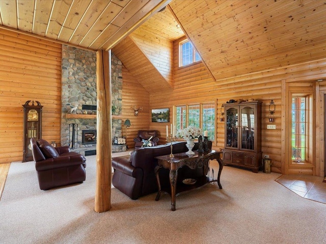 carpeted living area featuring high vaulted ceiling, wooden ceiling, rustic walls, and a stone fireplace