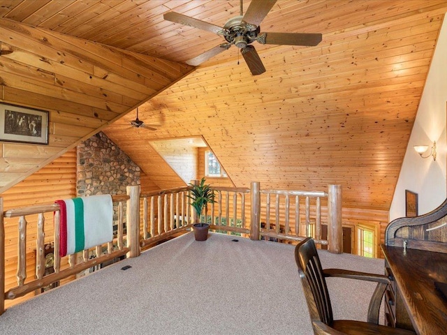 sitting room with a ceiling fan, wood ceiling, high vaulted ceiling, rustic walls, and carpet floors