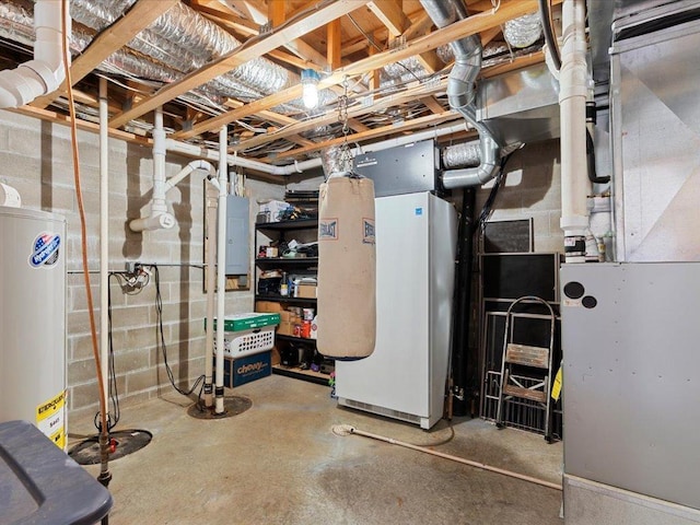 unfinished below grade area with water heater and electric panel