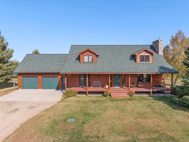 cabin with concrete driveway, a garage, covered porch, a front lawn, and a chimney