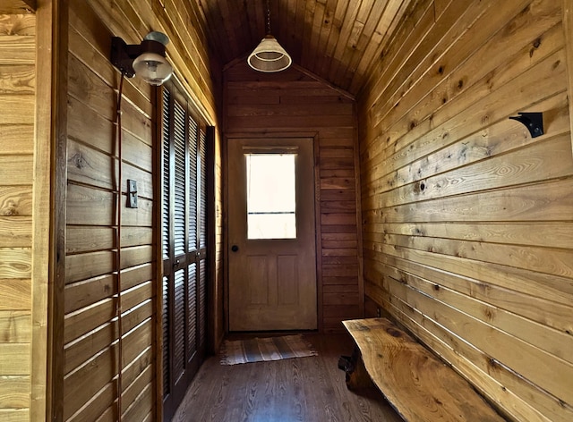 3333 Randa Rd, Orr, MN 55771 - doorway with wooden walls, vaulted ceiling, dark wood-style floors, and wood ceiling