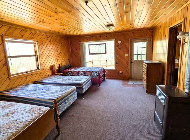 3333 Randa Rd, Orr, MN 55771 - bedroom featuring wooden walls, wooden ceiling, and carpet flooring