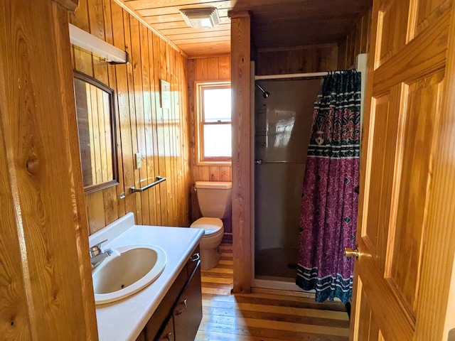 3333 Randa Rd, Orr, MN 55771 - bathroom with hardwood / wood-style floors, a shower stall, wooden walls, toilet, and vanity