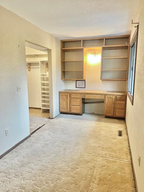 unfurnished office featuring built in study area, a textured ceiling, and light colored carpet