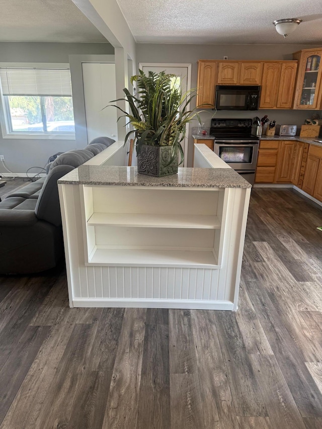 7000 164th Ave NW, Ramsey, MN 55303 - kitchen with stainless steel range with electric cooktop, black microwave, glass insert cabinets, dark wood-type flooring, and light stone countertops
