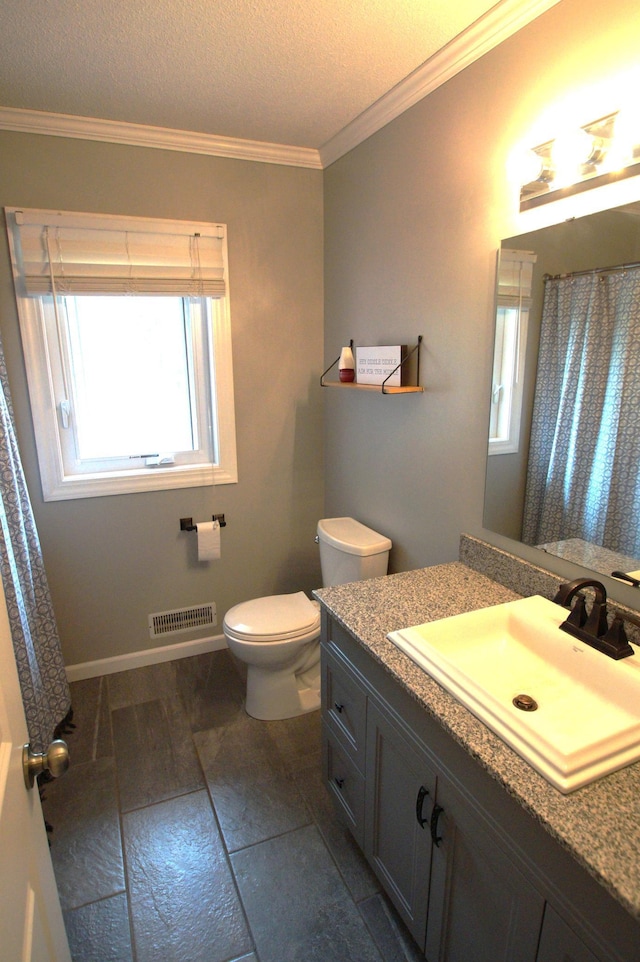 7000 164th Ave NW, Ramsey, MN 55303 - bathroom with vanity, toilet, ornamental molding, a textured ceiling, and a shower with curtain