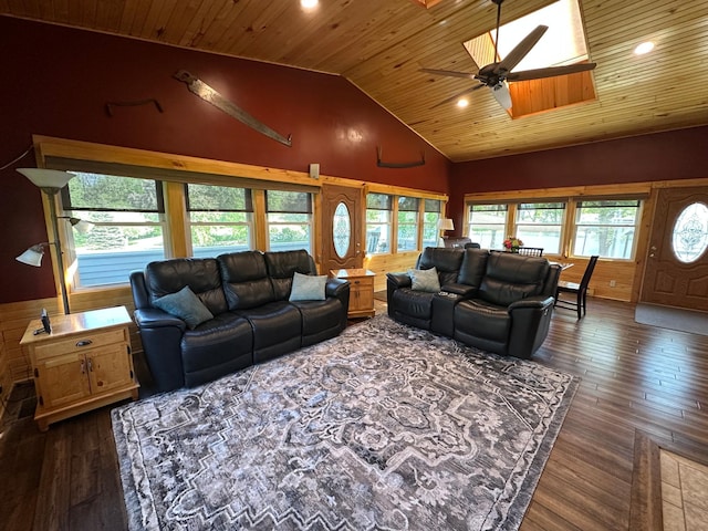 4220 23rd St NW, Willmar, MN 56201 - living area featuring lofted ceiling, wooden ceiling, dark wood-type flooring, ceiling fan, and recessed lighting