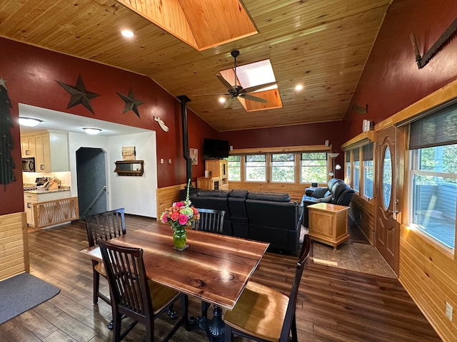 4220 23rd St NW, Willmar, MN 56201 - dining area featuring a skylight, hardwood / wood-style flooring, wooden ceiling, lofted ceiling, and a ceiling fan
