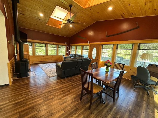 4220 23rd St NW, Willmar, MN 56201 - dining space with a skylight, wood ceiling, dark wood-style floors, a wood stove, and ceiling fan