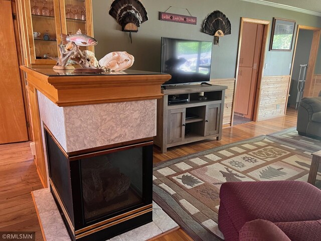 404 Clayborn Ave, Parkers Prairie, MN 56361 - kitchen featuring crown molding, light wood-type flooring, and a wainscoted wall