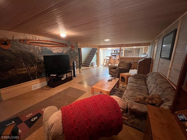 404 Clayborn Ave, Parkers Prairie, MN 56361 - living room with wood ceiling, stairway, and carpet flooring