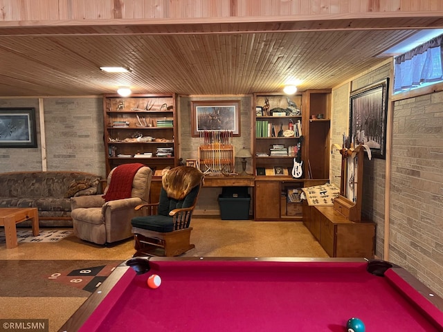 404 Clayborn Ave, Parkers Prairie, MN 56361 - game room featuring billiards, brick wall, carpet floors, and wood ceiling
