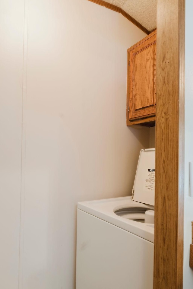 laundry room with washer / dryer, cabinet space, and ornamental molding