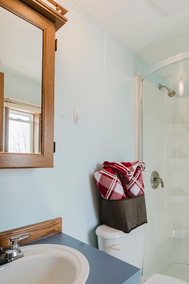 bathroom with a stall shower, toilet, and vanity