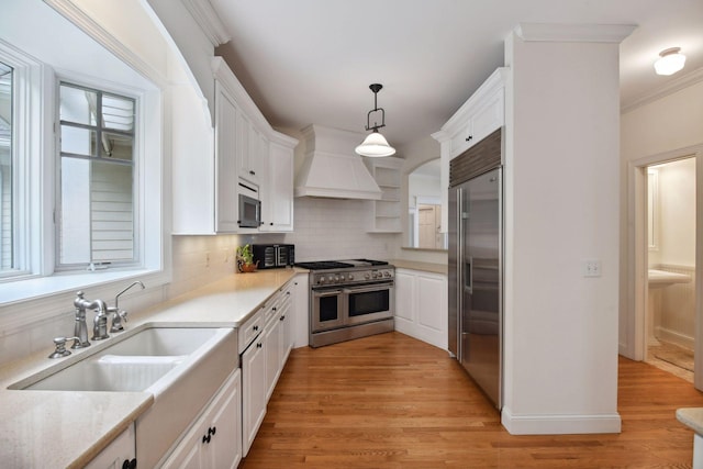 kitchen with premium appliances, premium range hood, a sink, white cabinetry, and light countertops