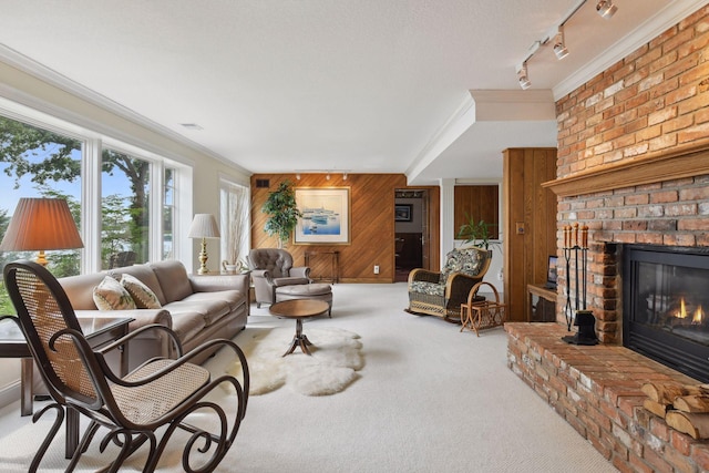 carpeted living area with wood walls, a fireplace, and ornamental molding
