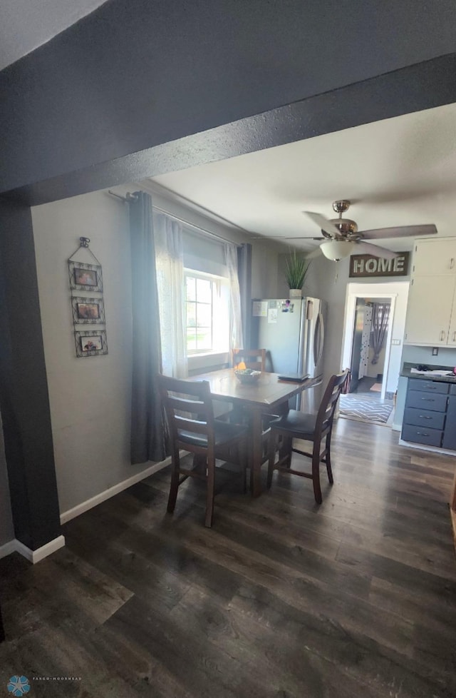 26 5th Ave SE, Lidgerwood, ND 58053 - dining area with dark wood finished floors, baseboards, and ceiling fan