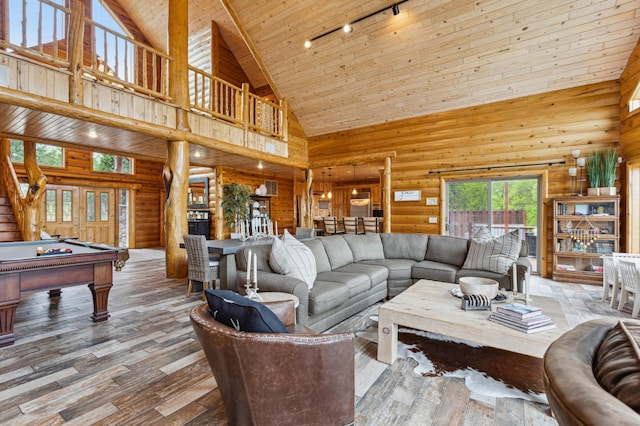 5784 Mcgowan Rd, Brainerd, MN 56401 - living room featuring high vaulted ceiling, track lighting, billiards, hardwood / wood-style flooring, and wood ceiling