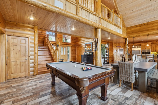5784 Mcgowan Rd, Brainerd, MN 56401 - recreation room with light wood-type flooring, pool table, wooden ceiling, a high ceiling, and recessed lighting