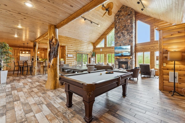5784 Mcgowan Rd, Brainerd, MN 56401 - rec room with track lighting, wood ceiling, high vaulted ceiling, wood-type flooring, and billiards table