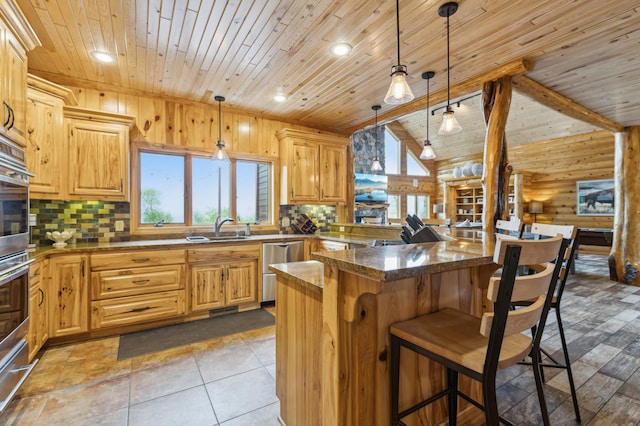 5784 Mcgowan Rd, Brainerd, MN 56401 - kitchen with healthy amount of natural light, wooden ceiling, dishwasher, a sink, and a breakfast bar area