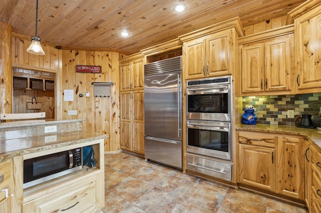 5784 Mcgowan Rd, Brainerd, MN 56401 - kitchen with stainless steel appliances, a warming drawer, decorative backsplash, wood walls, and wood ceiling