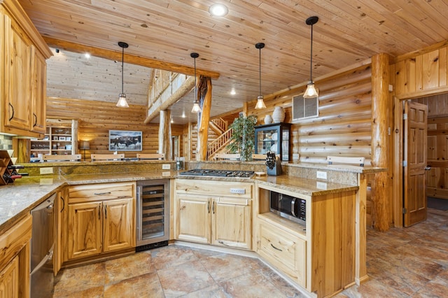 5784 Mcgowan Rd, Brainerd, MN 56401 - kitchen with wine cooler, rustic walls, wood ceiling, stainless steel appliances, and pendant lighting