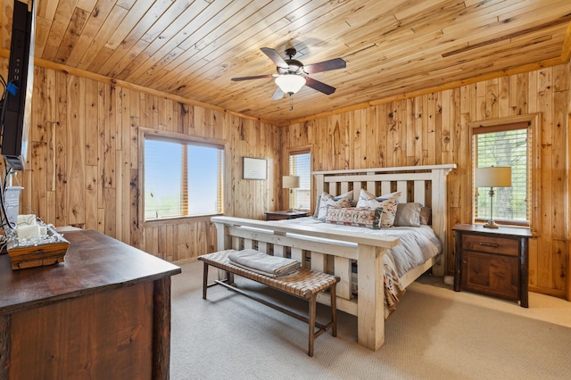 5784 Mcgowan Rd, Brainerd, MN 56401 - carpeted bedroom with wooden ceiling, wood walls, and a ceiling fan