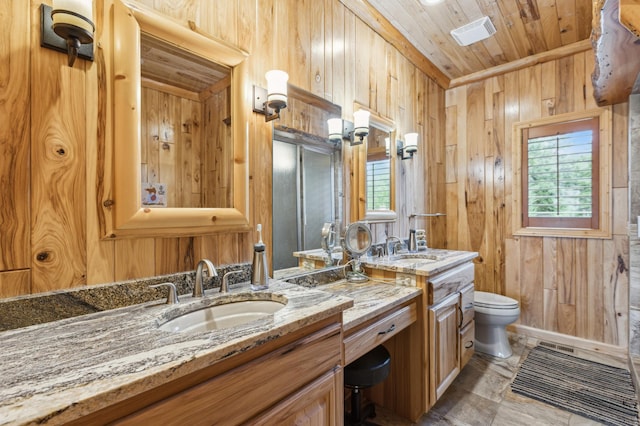 5784 Mcgowan Rd, Brainerd, MN 56401 - full bath featuring wooden walls, plenty of natural light, toilet, wood ceiling, and vanity