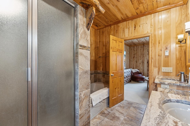 5784 Mcgowan Rd, Brainerd, MN 56401 - bathroom with wooden walls, wooden ceiling, a shower stall, vanity, and a garden tub