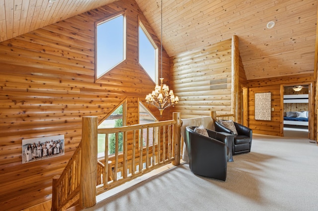5784 Mcgowan Rd, Brainerd, MN 56401 - living area featuring high vaulted ceiling, an upstairs landing, a chandelier, wood ceiling, and rustic walls