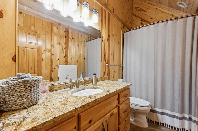 5784 Mcgowan Rd, Brainerd, MN 56401 - bathroom featuring toilet, wooden walls, vanity, and a shower with curtain